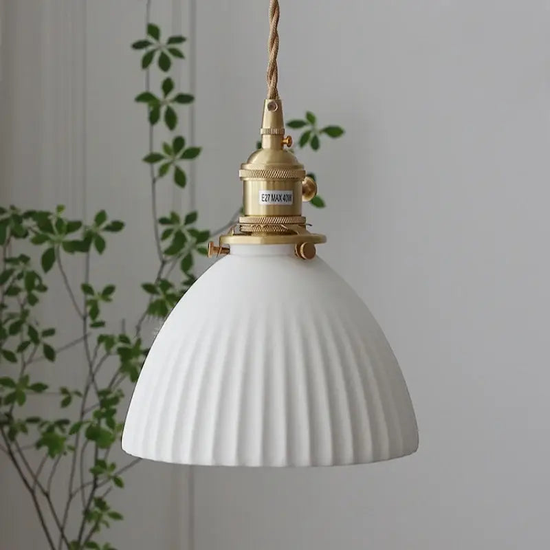 White Ceramic Pendant Light with Brass Knob Switch