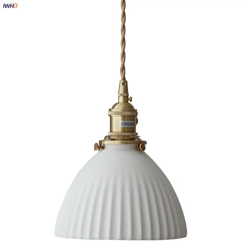 White Ceramic Pendant Light with Brass Knob Switch