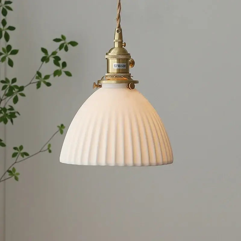 White Ceramic Pendant Light with Brass Knob Switch