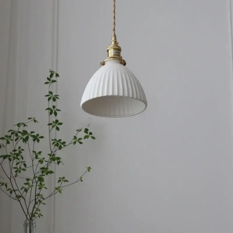White Ceramic Pendant Light with Brass Knob Switch