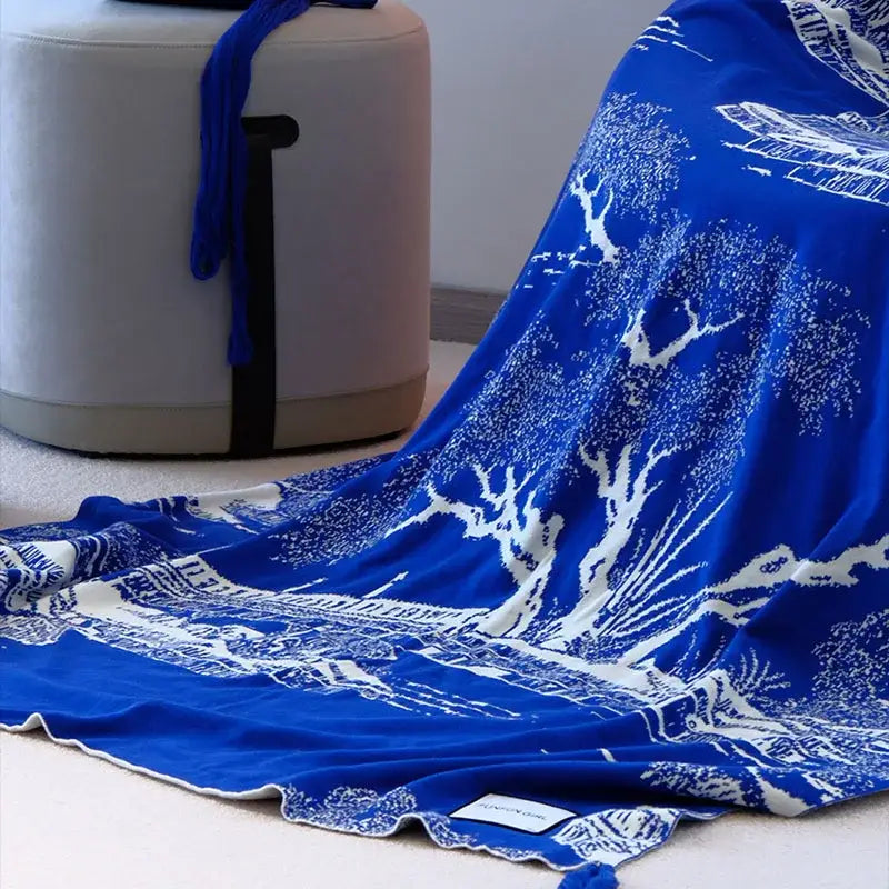 Blue Knitted Sofa Blanket