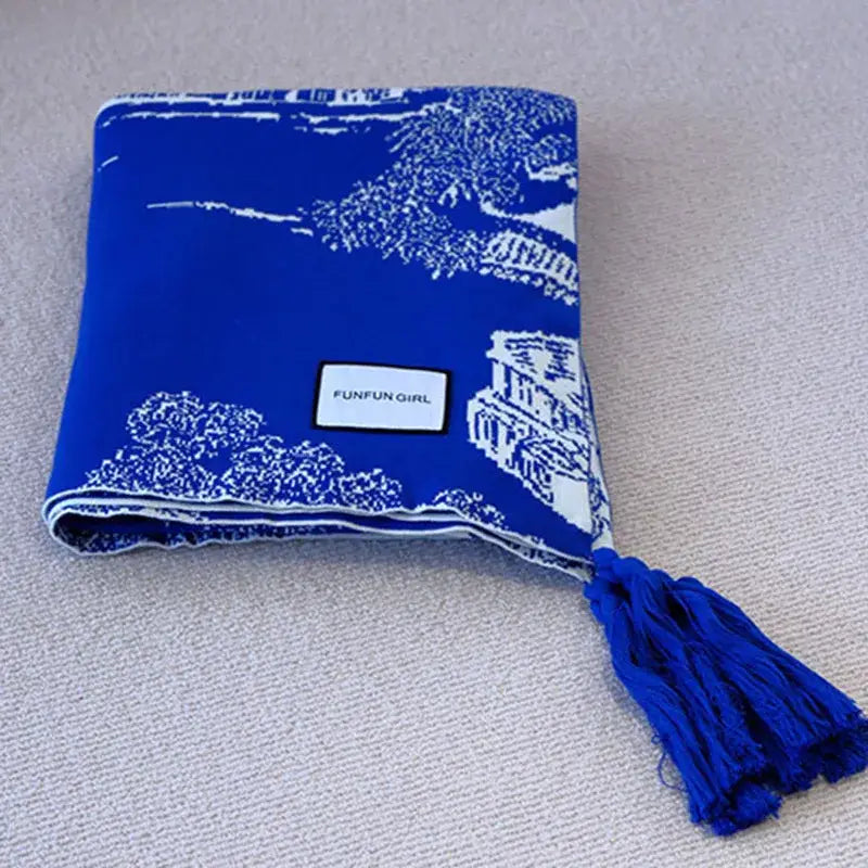Blue Knitted Sofa Blanket