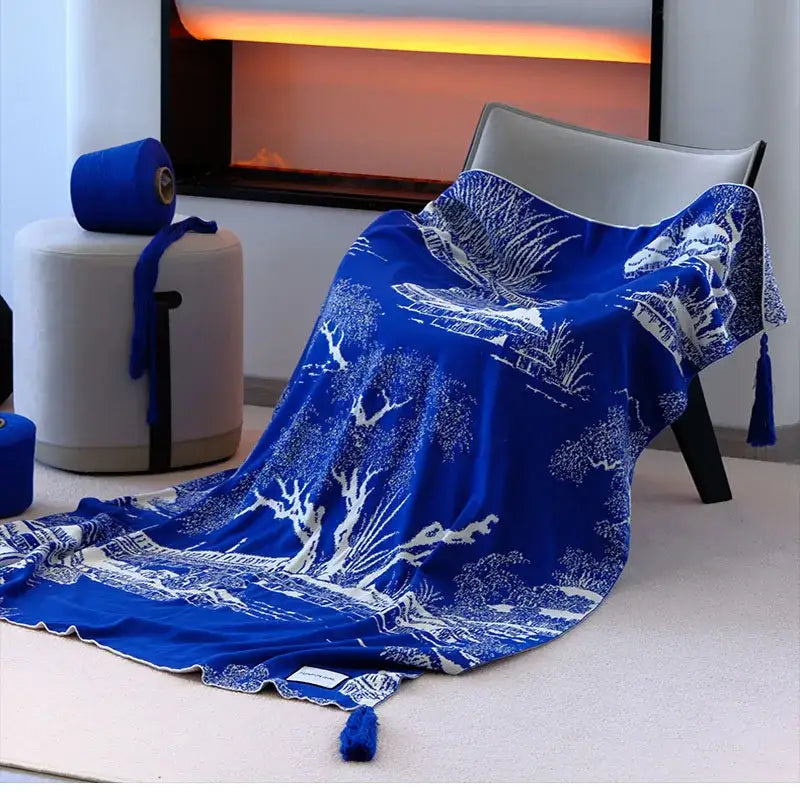 Blue Knitted Sofa Blanket