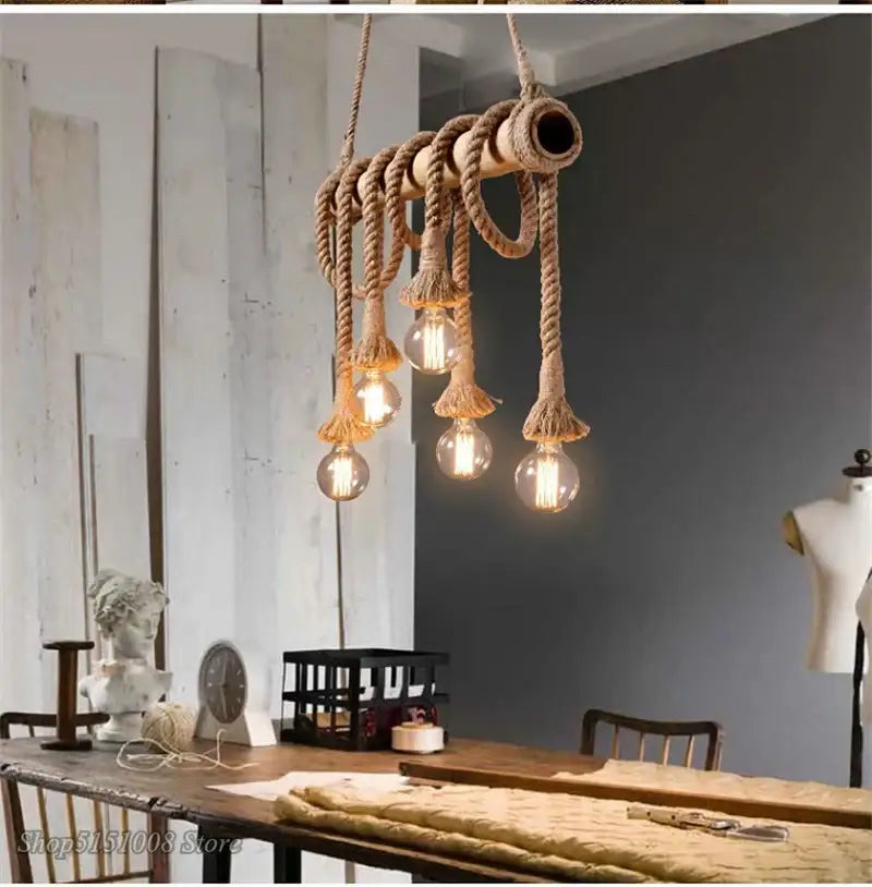 Hemp Rope Pendant Light 12-Head for Kitchens