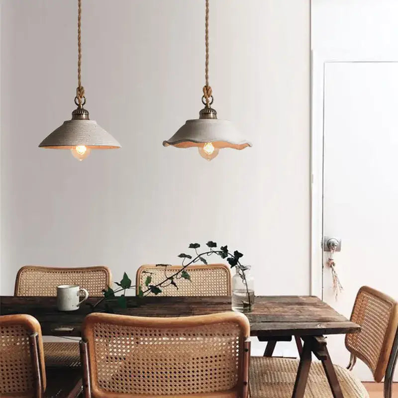 White Ceramic Pendant Light with Twisted Rope