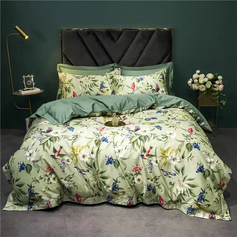 Green Floral Bird 1400TC Cotton Bedding