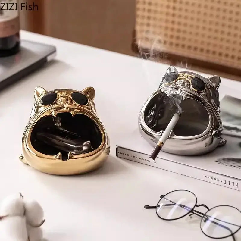 Silver Ceramic Bulldog Ashtray