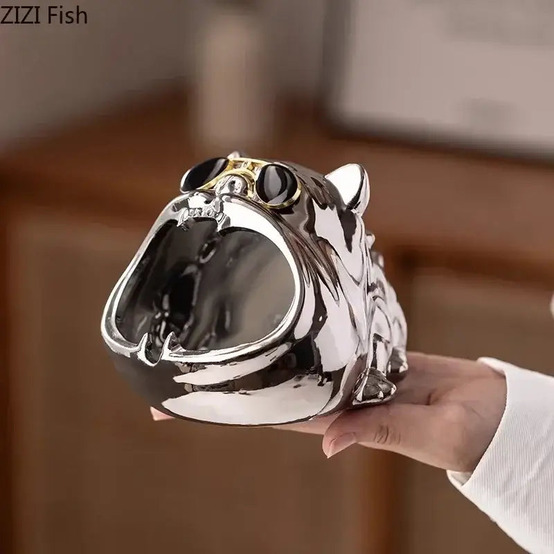 Silver Ceramic Bulldog Ashtray