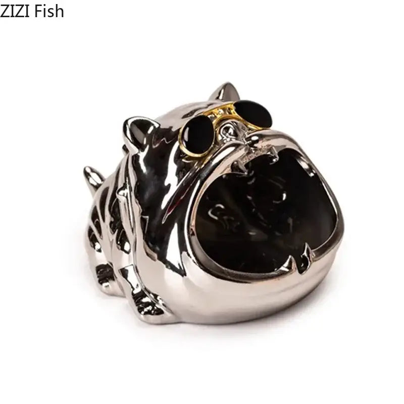 Silver Ceramic Bulldog Ashtray