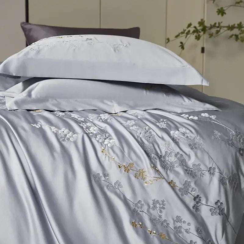 Silver Floral Embroidery 1000TC Bedding Set