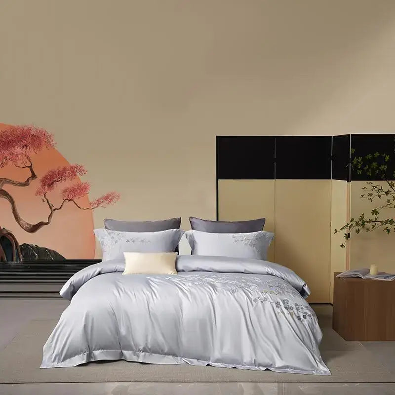 Silver Floral Embroidery 1000TC Bedding Set