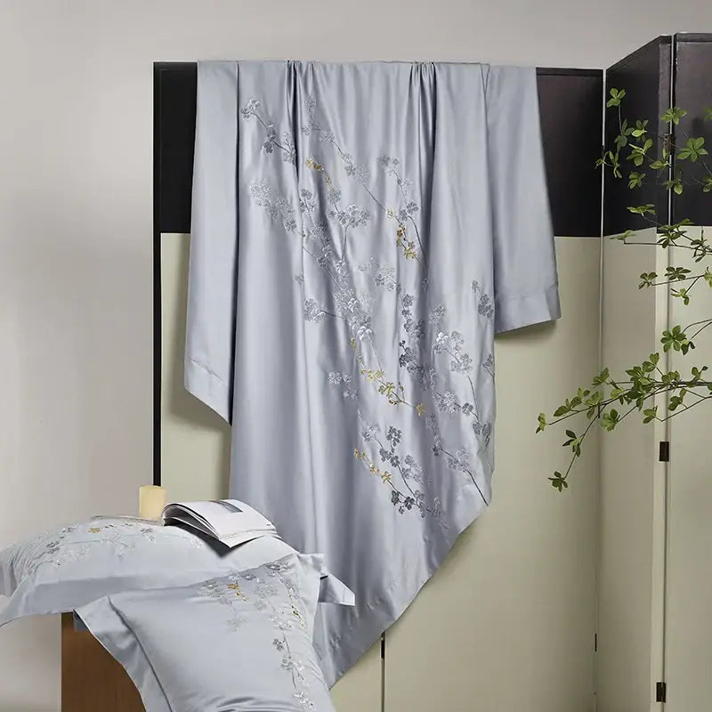 Silver Floral Embroidery 1000TC Bedding Set