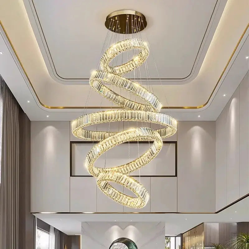 Gold Crystal Chandelier Light 5-Ring Spiral