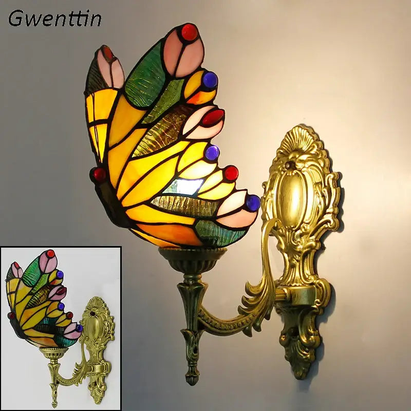Butterfly Stained Glass Wall Sconce Gold Metalwork