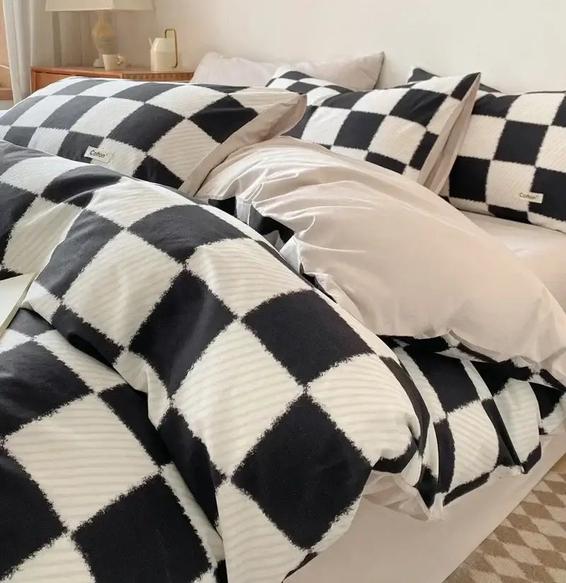 Beige Blue Cotton Bedding Set