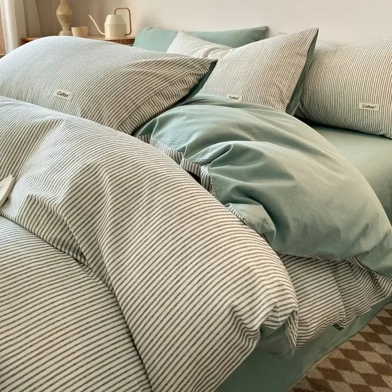 Beige Blue Cotton Bedding Set