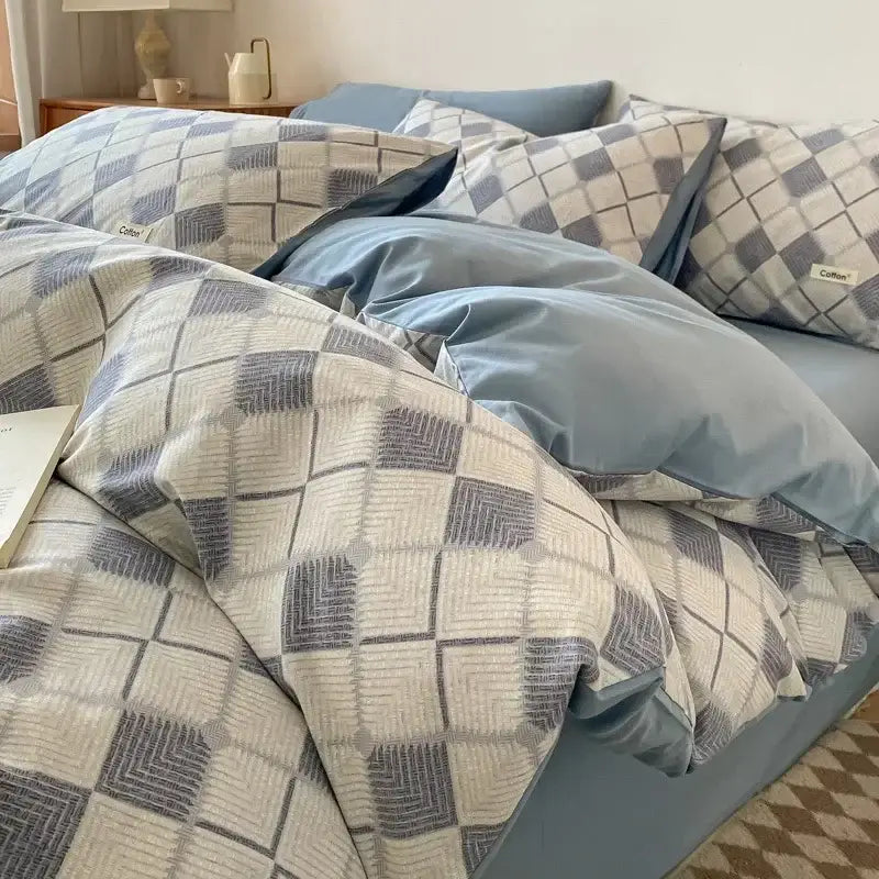 Beige Blue Cotton Bedding Set