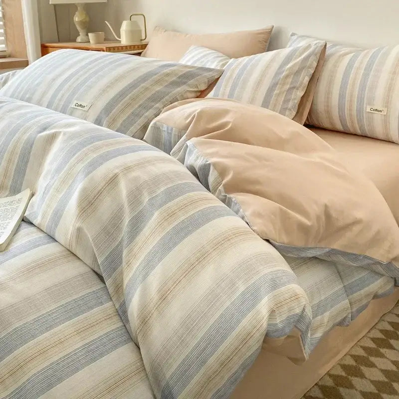 Beige Blue Cotton Bedding Set