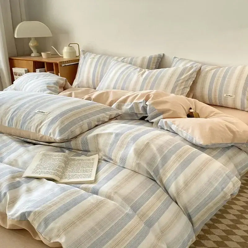 Beige Blue Cotton Bedding Set