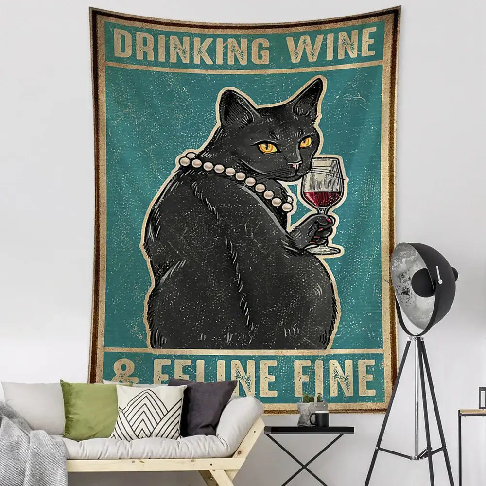 Teal Black Cat Tapestry