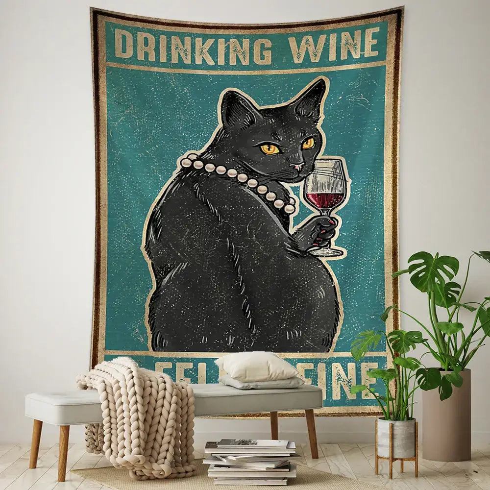 Teal Black Cat Tapestry