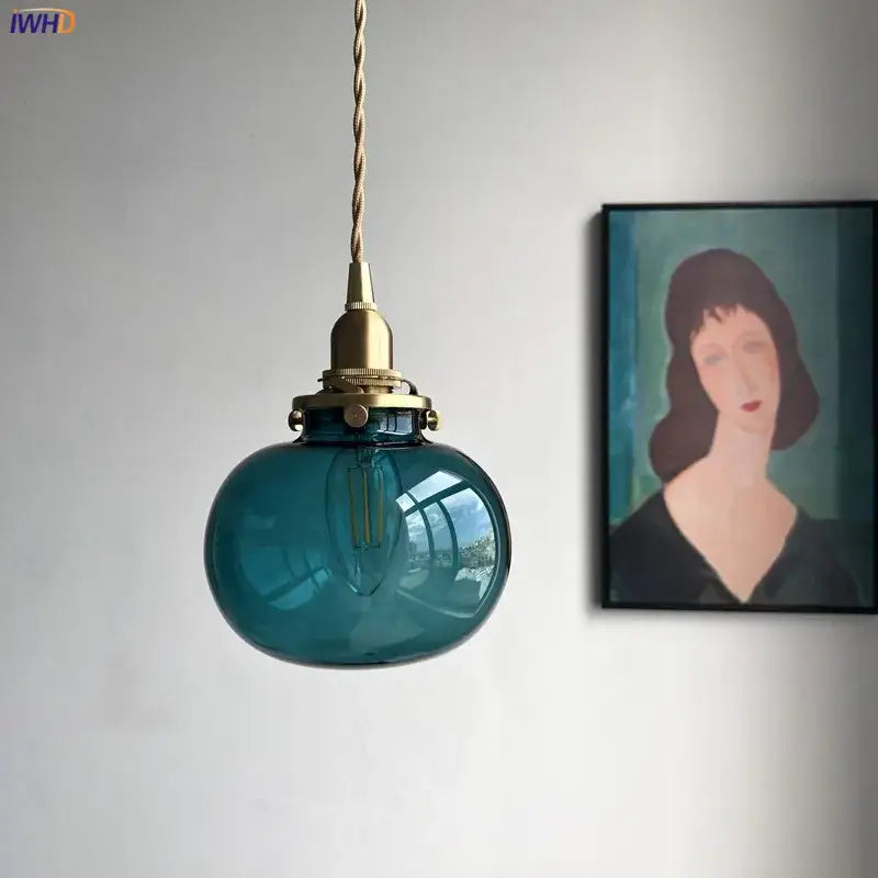 Teal Glass Pendant Light with Brass Hardware