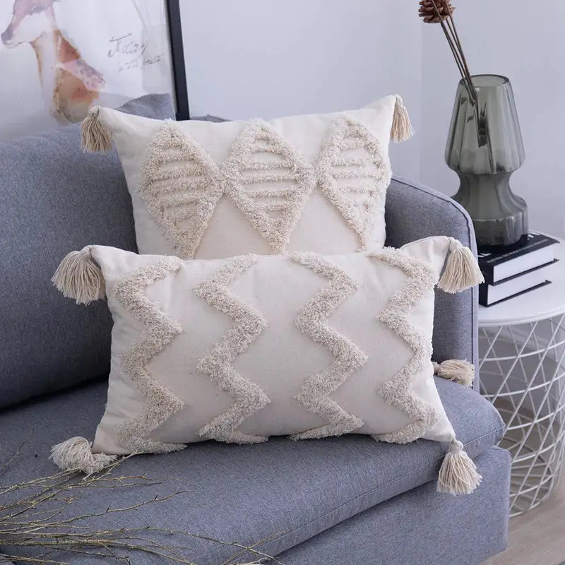 Beige Geometric Tassel Pillow