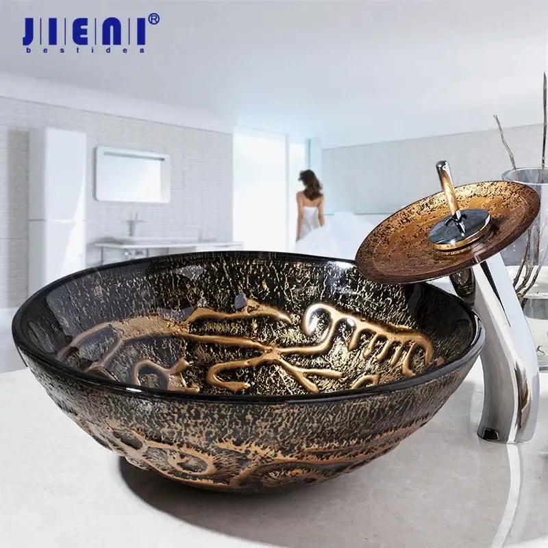 Black Gold Glass Basin Set
