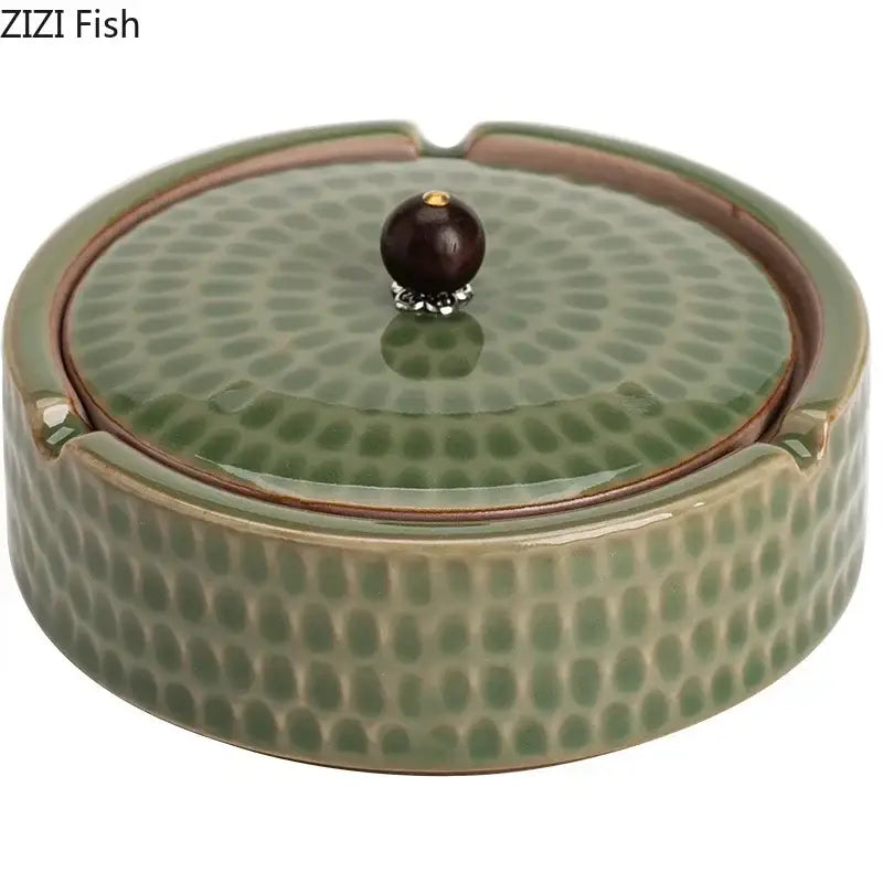 Green Ceramic Ashtray Wooden Lid