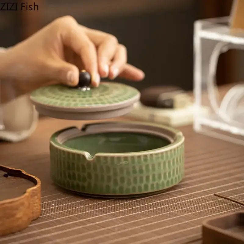 Green Ceramic Ashtray Wooden Lid