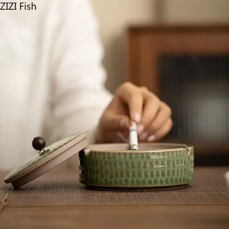 Green Ceramic Ashtray Wooden Lid