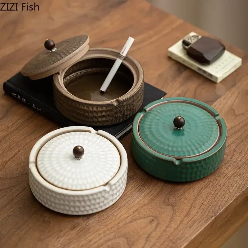 Green Ceramic Ashtray Wooden Lid