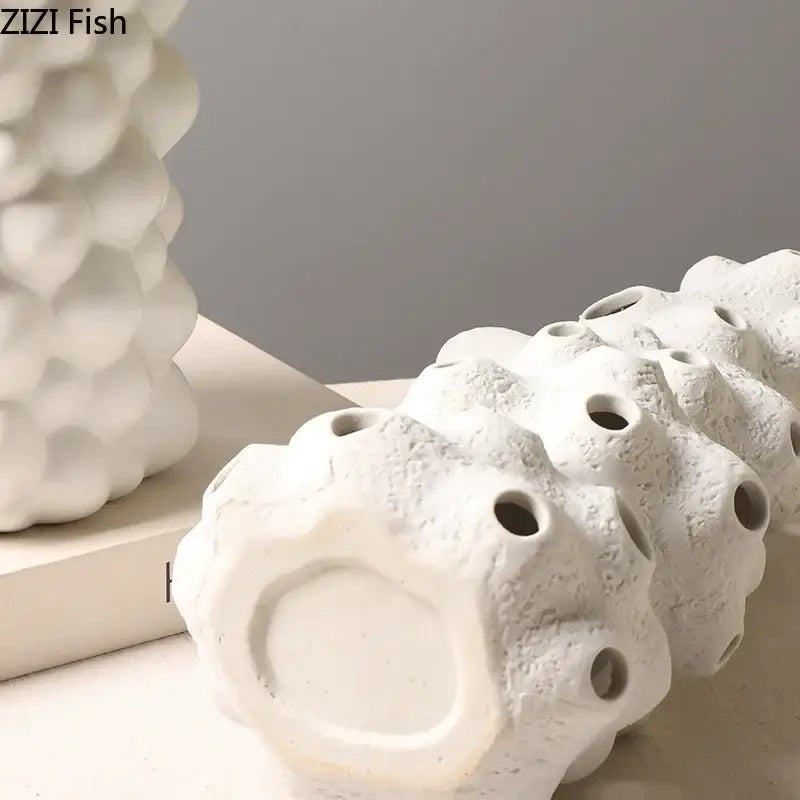 White Ceramic Vase Set with Artificial Flowers