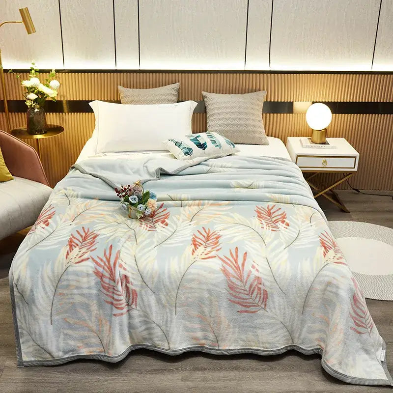 Flannel Leaf Blue Blanket