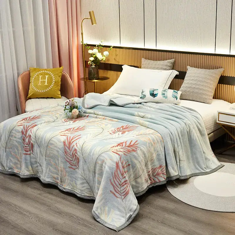Flannel Leaf Blue Blanket