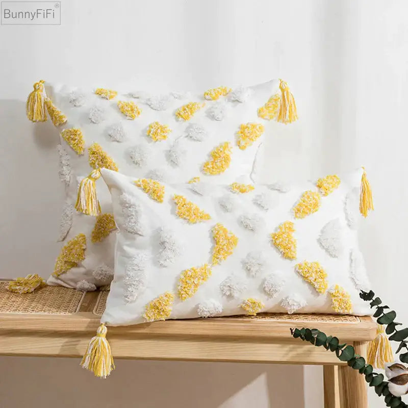 Yellow White Tassel Cushion