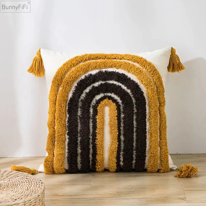 Yellow White Tassel Cushion