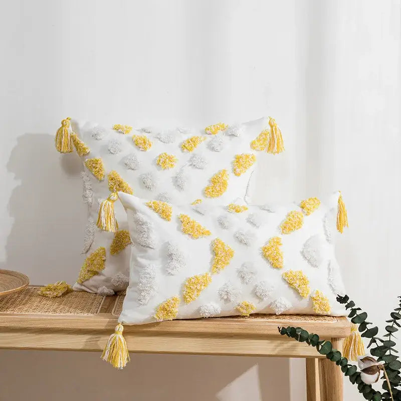 Yellow White Tassel Cushion
