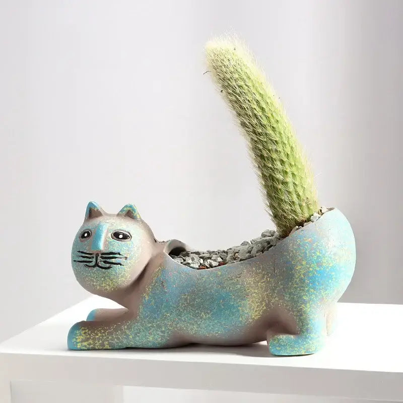 Turquoise Ceramic Cat Planter