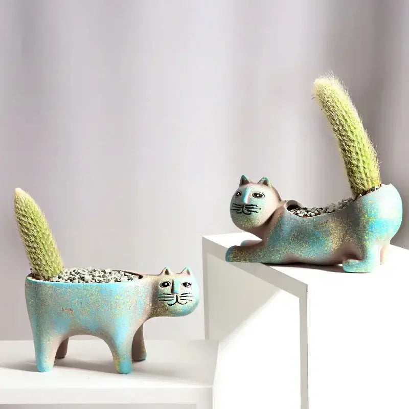 Turquoise Ceramic Cat Planter