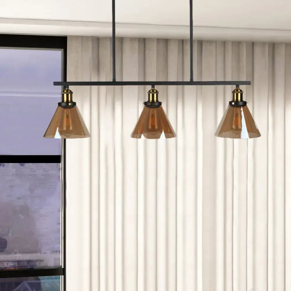 Amber Glass Globe Cone Three-Light Pendant Lamp