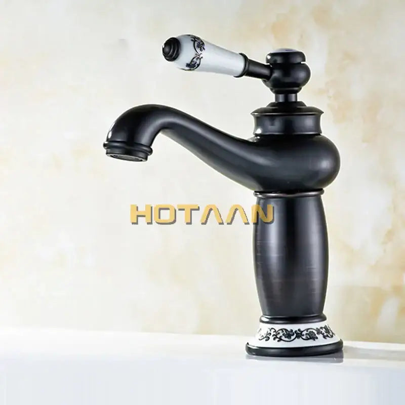 Black Brass Bathroom Faucet with Floral Handle