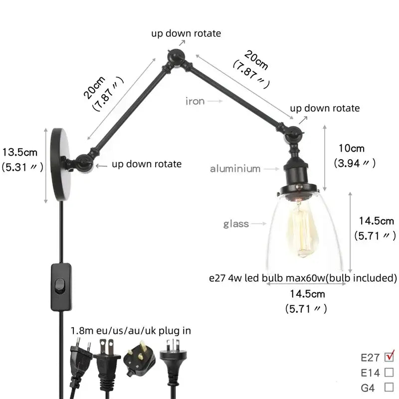 Black Glass Vintage Swing-Arm Wall Sconce