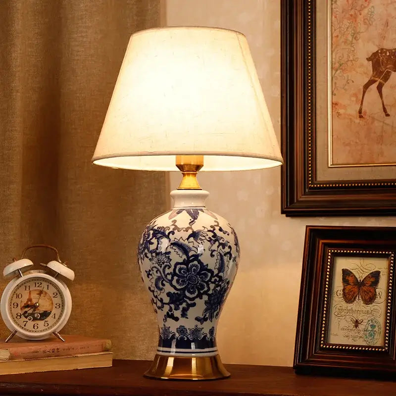 Blue Porcelain Table Lamp Vintage Bedside