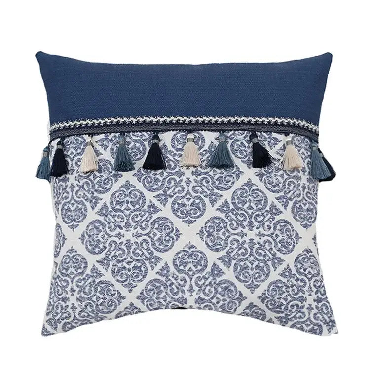 Blue Tassel Pillow Cover