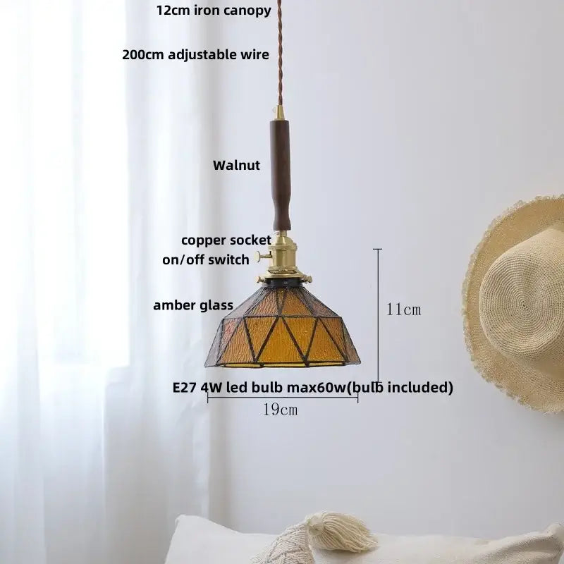 Vintage brass and ceramic walnut wood pendant light study aisle