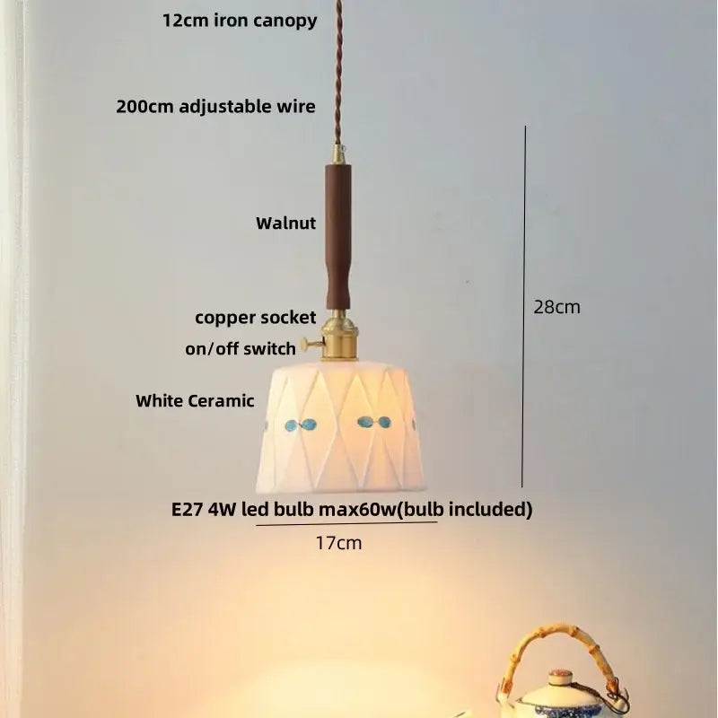 Vintage brass and ceramic walnut wood pendant light study aisle
