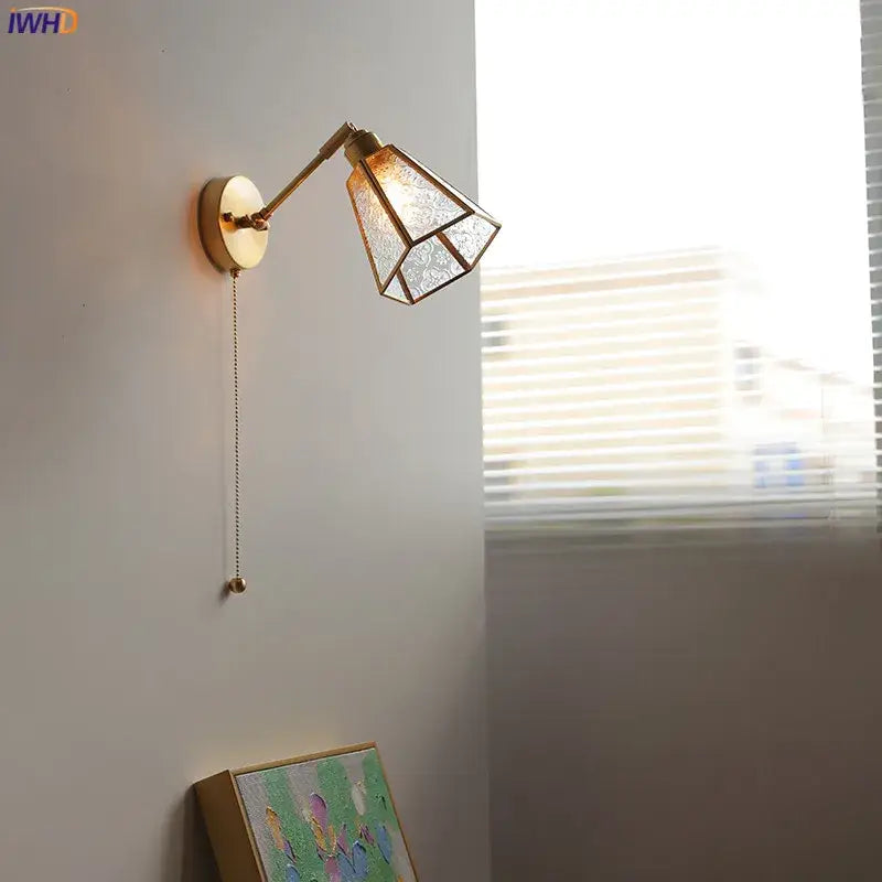 Vintage Brass Green Glass Wall Sconce with Pull Chain Switch