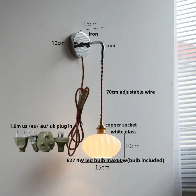 Vintage brass ceramic led wall lamp bedroom ribbed glass sconce