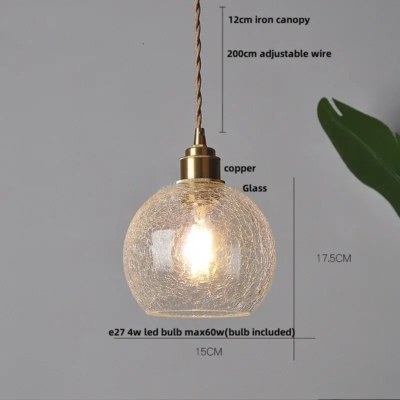 Vintage brass crackled glass globe led pendant light kitchen fixture